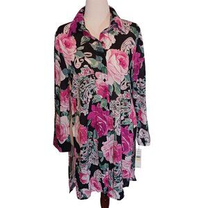 NEW Carmen Marc Valvo Black‎ Floral Print Tie-Front Swimsuit Coverup Size M
